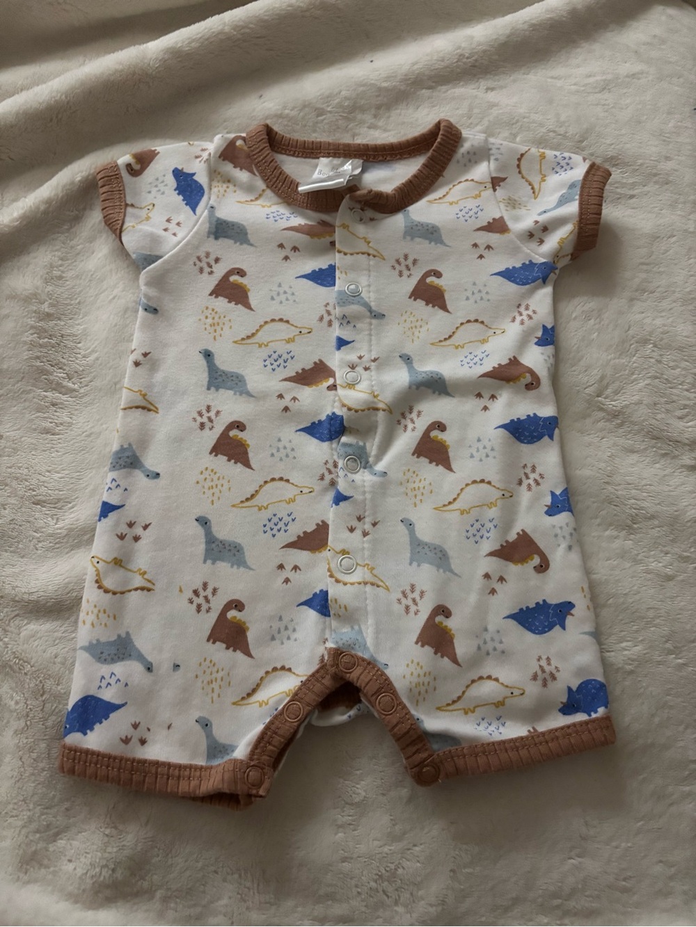 White Short-Sleeve Bodysuit with Blue, Brown & Yellow Animal Prints